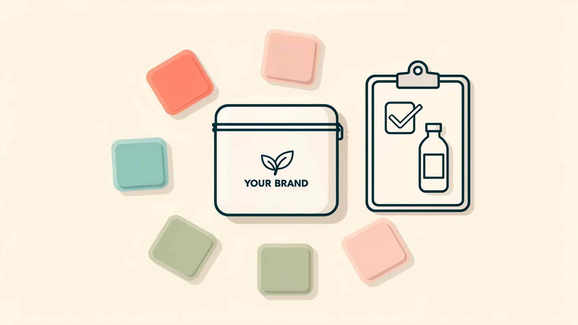 Branded private label wellness patch pouch surrounded by colorful topical patches